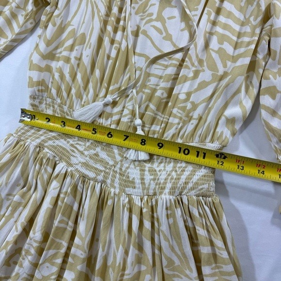 PATRONS OF PEACE Boho Smock Waist Dress Tiered Ruffles Tassels Celery & White‎ S - Picture 11 of 13